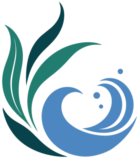 A stylized graphic logo featuring flowing blue wave-like curves and dark green leaf-like shapes.